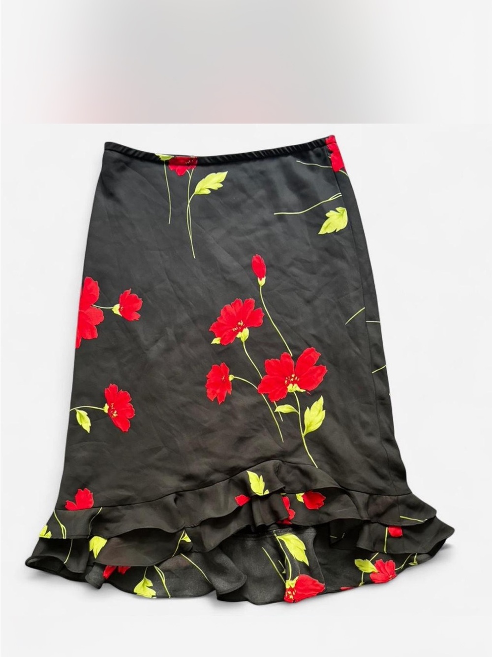 Black Floral Ruffle Hem Midi Skirt - Red & Green